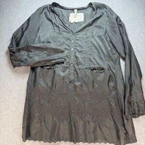 Vintage Johnny Was Silk Tunic Top Gray Embroidered Scalloped Hem Womens Small